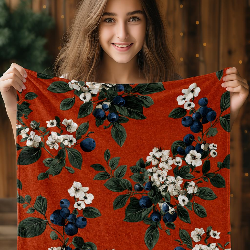 1pc Zeal Lily Vintage Floral Throw Blanket - Soft Flannel All-Season Warmth, Cozy Orange & Navy Blue with White Flowers & Green