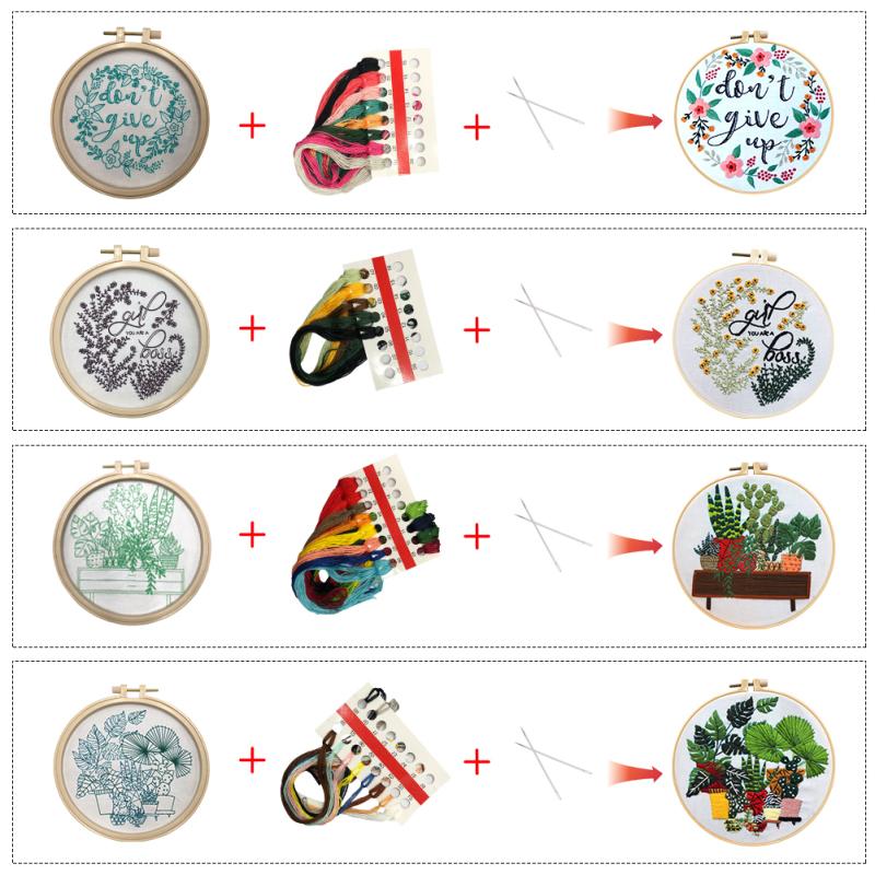 4 szt. Kwiat Doniczkowy Haft Zestaw Tkanin z Zestawami Materiałów DIY 15 cm + 20 cm Bambusowy Haft