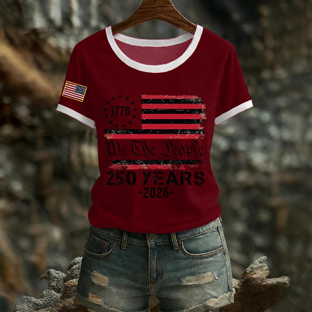 Damski casualowy top T-shirt z krótkim rękawem i okrągłym dekoltem z nadrukiem