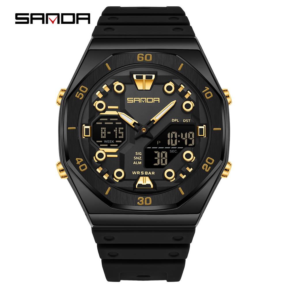 SANDA 6306 Modische Herren-Elektronikuhr Dual-Anzeige Multifunktional Nachtlicht Wecker Wasserdicht Coole Unisex-Uhr