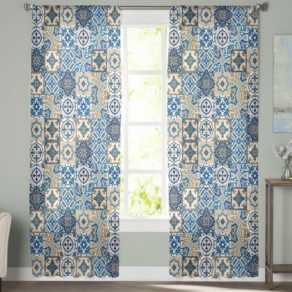 Ethnisch Blumenfliesenmuster Fensterbehandlung Tüll Moderne Transparente Vorhänge für Küche Wohnzimmer Schlafzimmer Vorhänge Dekoration