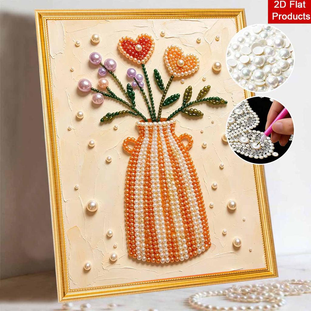 Perlenmalerei Kunst Handgemachte Orangefarbene Vase Herzblumen Strauß Perlenwanddekoration DIY Perlendekoration Malerei