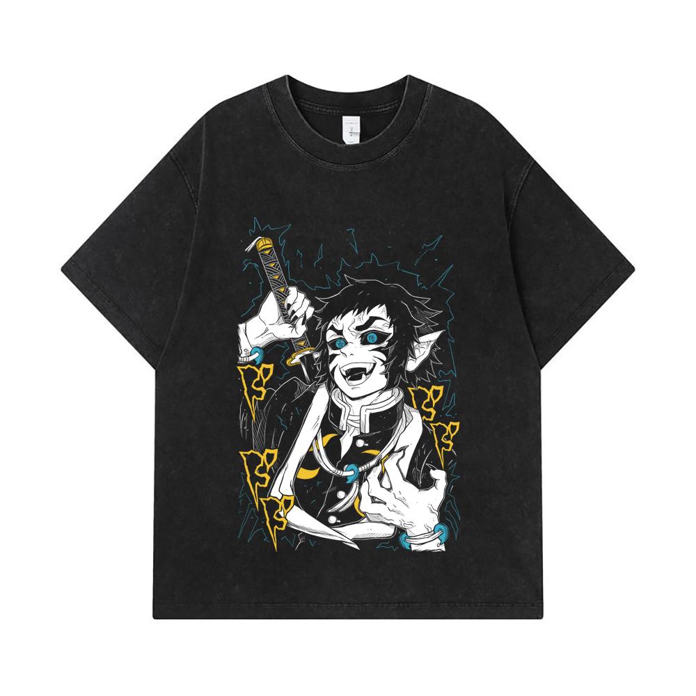275 GSM Washed T-shirts 100% Cotton Demon Slayer V40 Kaigaku Print Unisex Heavy Cotton T Shirt