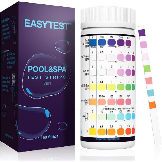 EASYTEST 7-Way Pool Test Strips, 150 Strips Water Chemical Testing for Hot tub and Spa, Accurate Test Bromine, Total Alkalinity, pH, Free Chlorine,