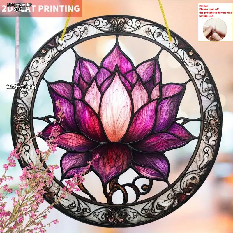  Elegant for Lotus Flower Sun Catcher, Round Acrylic Sign, Stained Glass Style Window Hanging Decoration, Romantic, Perfect for Home Decoration  