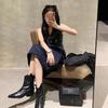 Leather Vintage Pointed V Boots Women's French Thick Heel Skinny Back Zipper Western Boots 2025 Martin Boots.