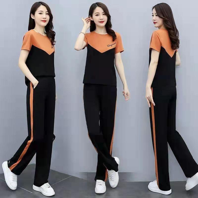 Sports Suit Women's Summer Loose Thin Short-sleeved Contrast Shirt Straight Trousers Casual Two-piece Set