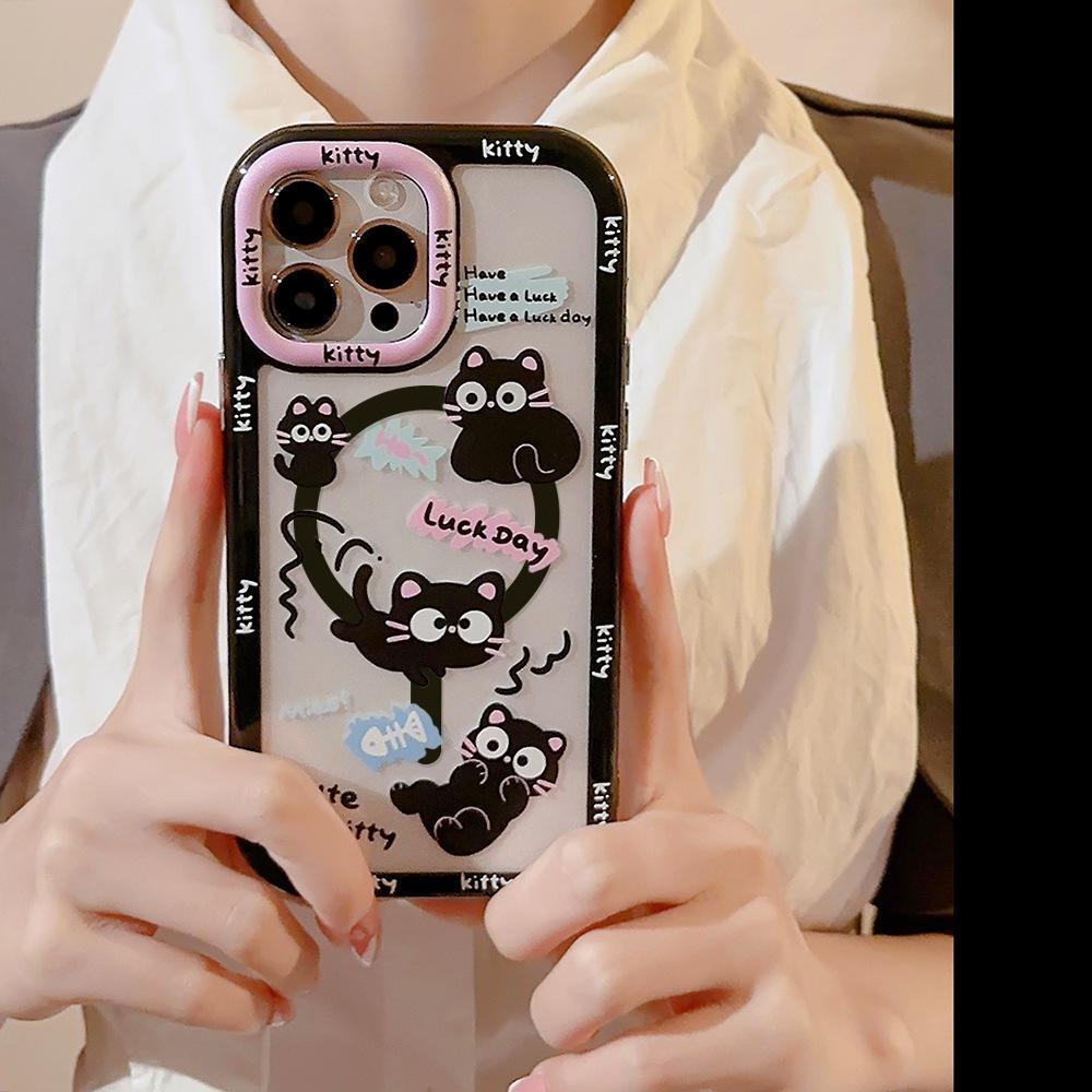 Playful Cats Suitable for 14ProMax Mobile Phone Case Apple 13 Graffiti Cute Bracelet Iphone16 Hard 15 Magnetic Suction