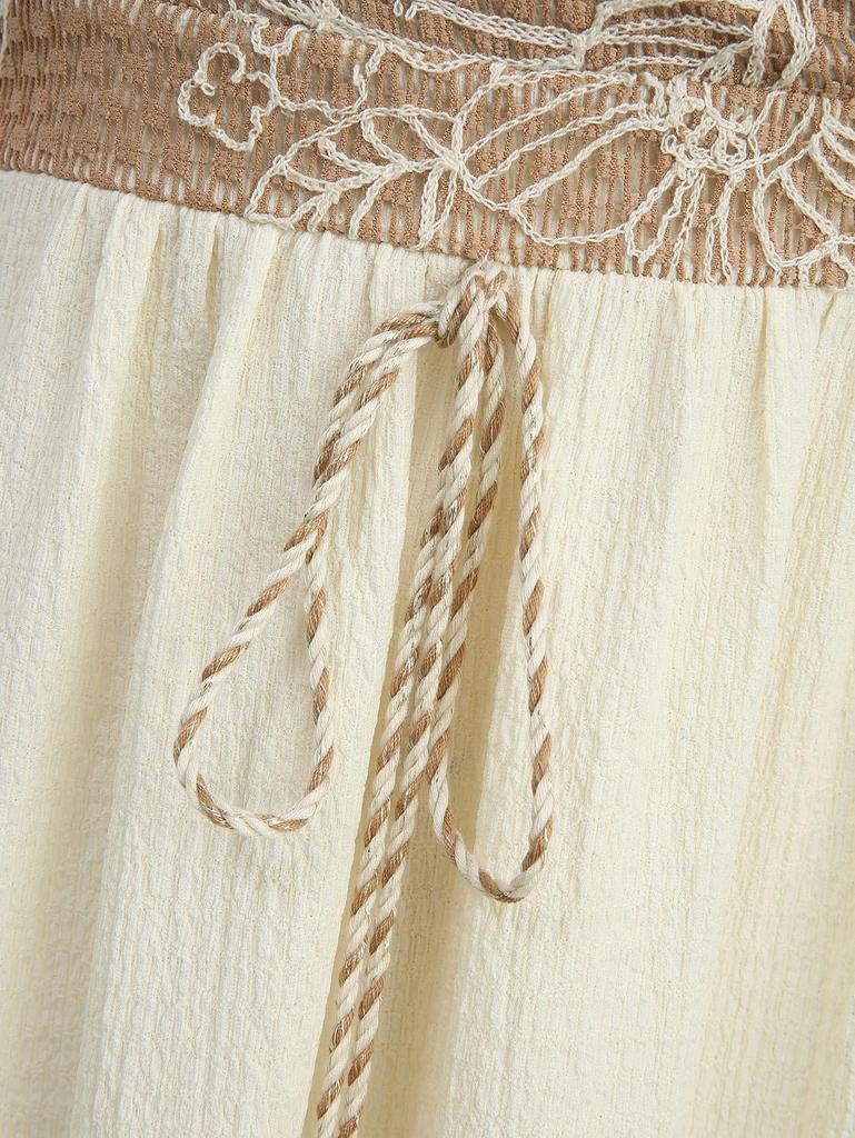 Rosegal Plus Size Floral Leaves Embroidered O-Ring Crisscross Strappy Tassel Textured Split A Line Cami Dress