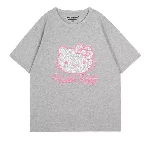 

2026 Summer Hello Kitty Pink Lace Tshirt High Quality 100 Cotton Lace Print Unisex Y2K Casual Tee for Adults Kids S