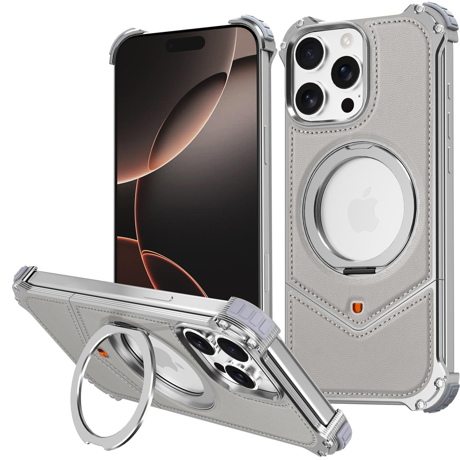 

For iPhone 13 Pro Max Case PU Covered Metal Boardless Phone Back Cover with Kickstand Grey