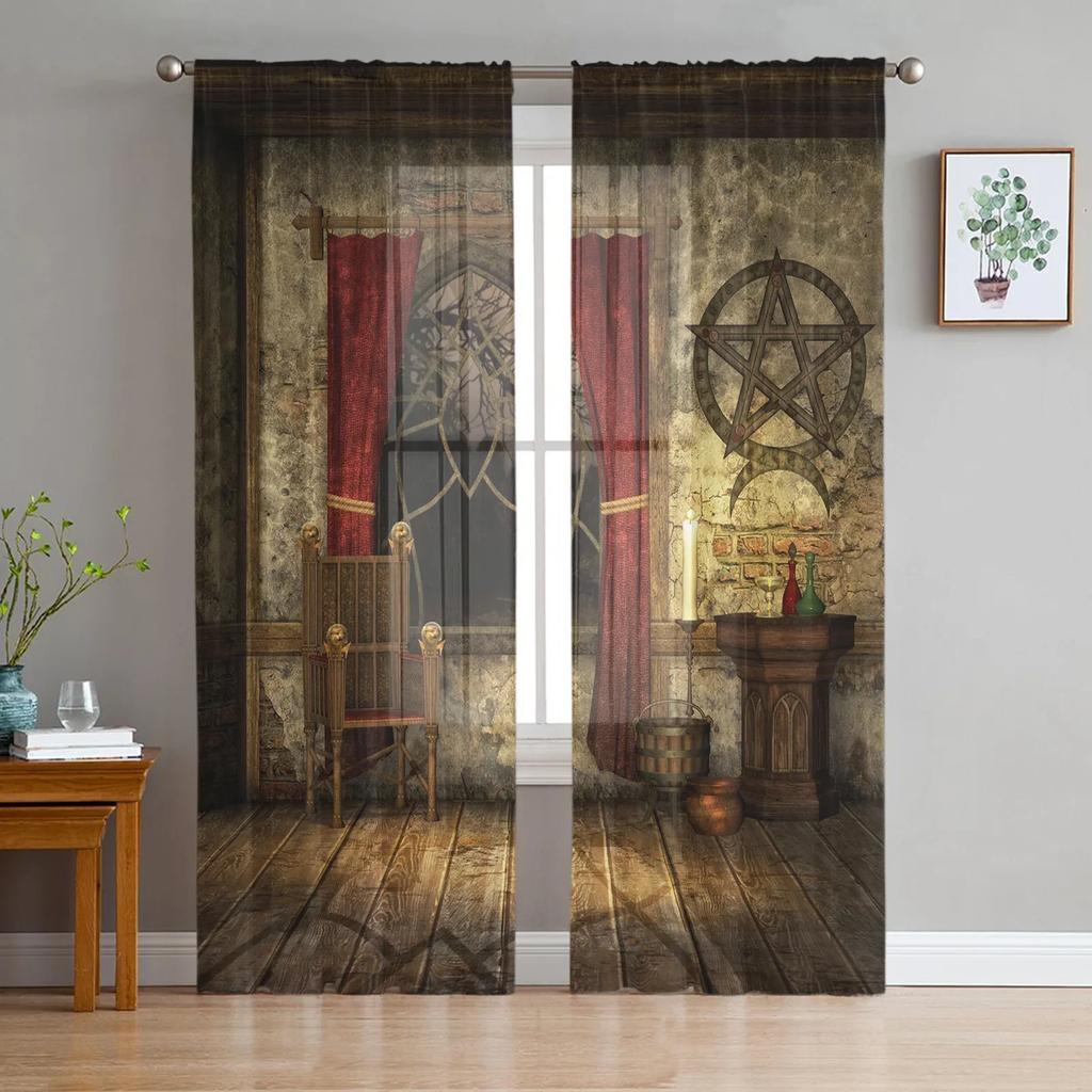 Moroccan Medieval Vintage Door Chiffon Sheer Curtains for Living Room Bedroom Home Decoration Window Voiles Tulle Drapes Curtain