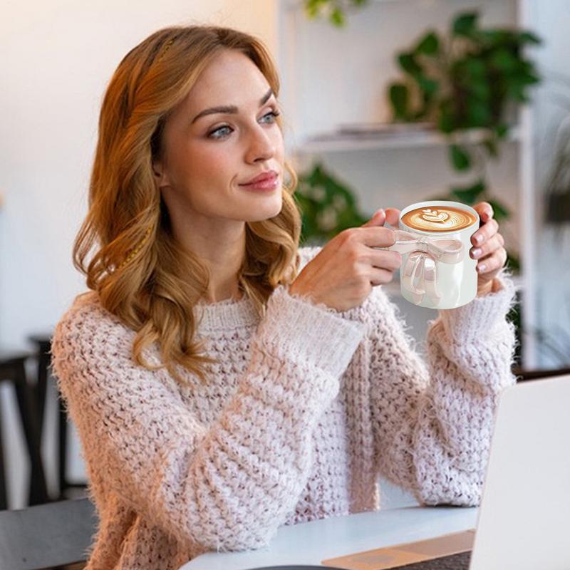 Ceramic Coffee Cup 12oz Elegant Bow Tumbler With Ergonomic Grip Multipurpose Drinkware For Latte Hot Cocoa Beverage Water Orange