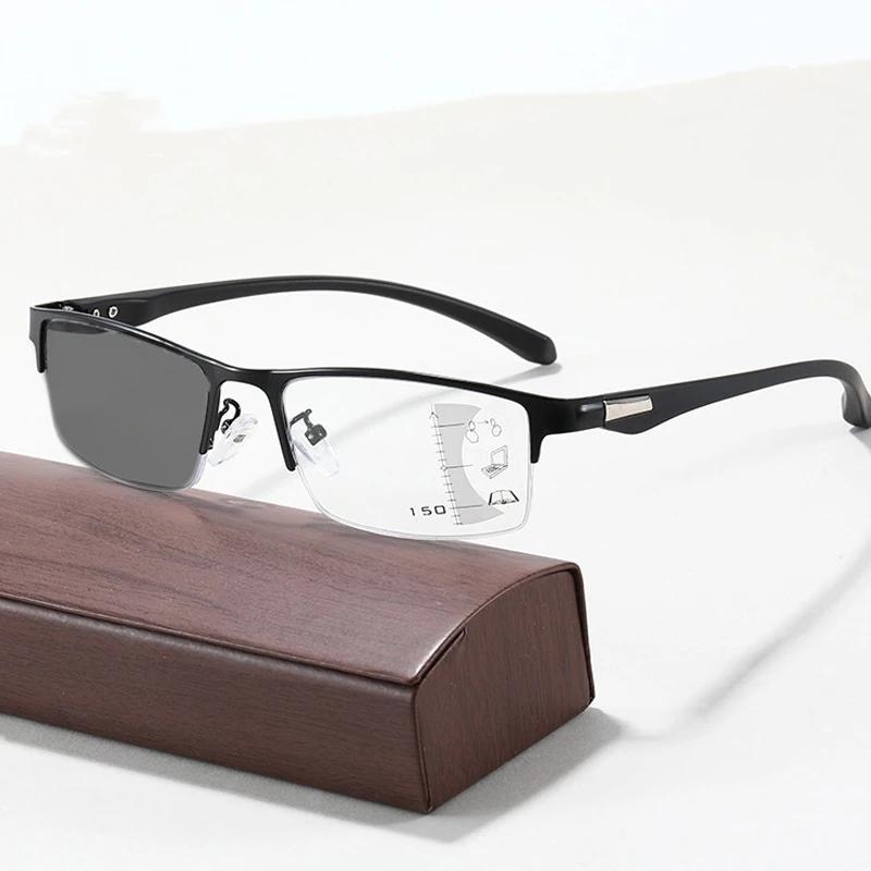 Progressive multifokale photochrome Lesebrille Anti-Blaulicht-Fernsichtbrille Herren Halbrahmen Business Presbyopie-Brille