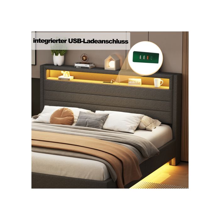 Lit - MUVOE - 140x200 cm - Prise USB - Éclairage LED - Tête de lit réversible