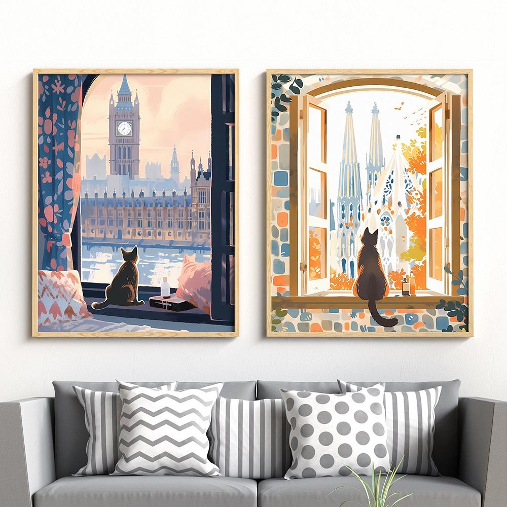 Adorabili gatti guardano il paesaggio, stampe artistiche su tela, quadri del viaggio a Firenze, montagna Fuji, Parigi, Grecia, poster