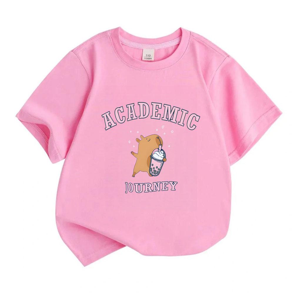 Kids Boys Girls 100% Cotton Short Sleeve Crew Neck T-Shirt, Cute Capybara Academic Journey Bubble Tea Print Casual Soft Summer Tee for School Daily We