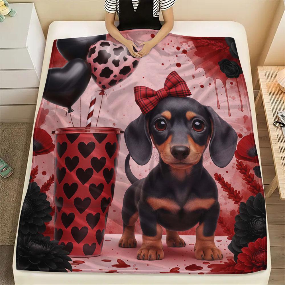 1Pc Dachshund Print Flannel Blanket, High quality Comfortable for All Seasons, Home Decor, Warmth and Comfort, Perfect for Christmas Gifts