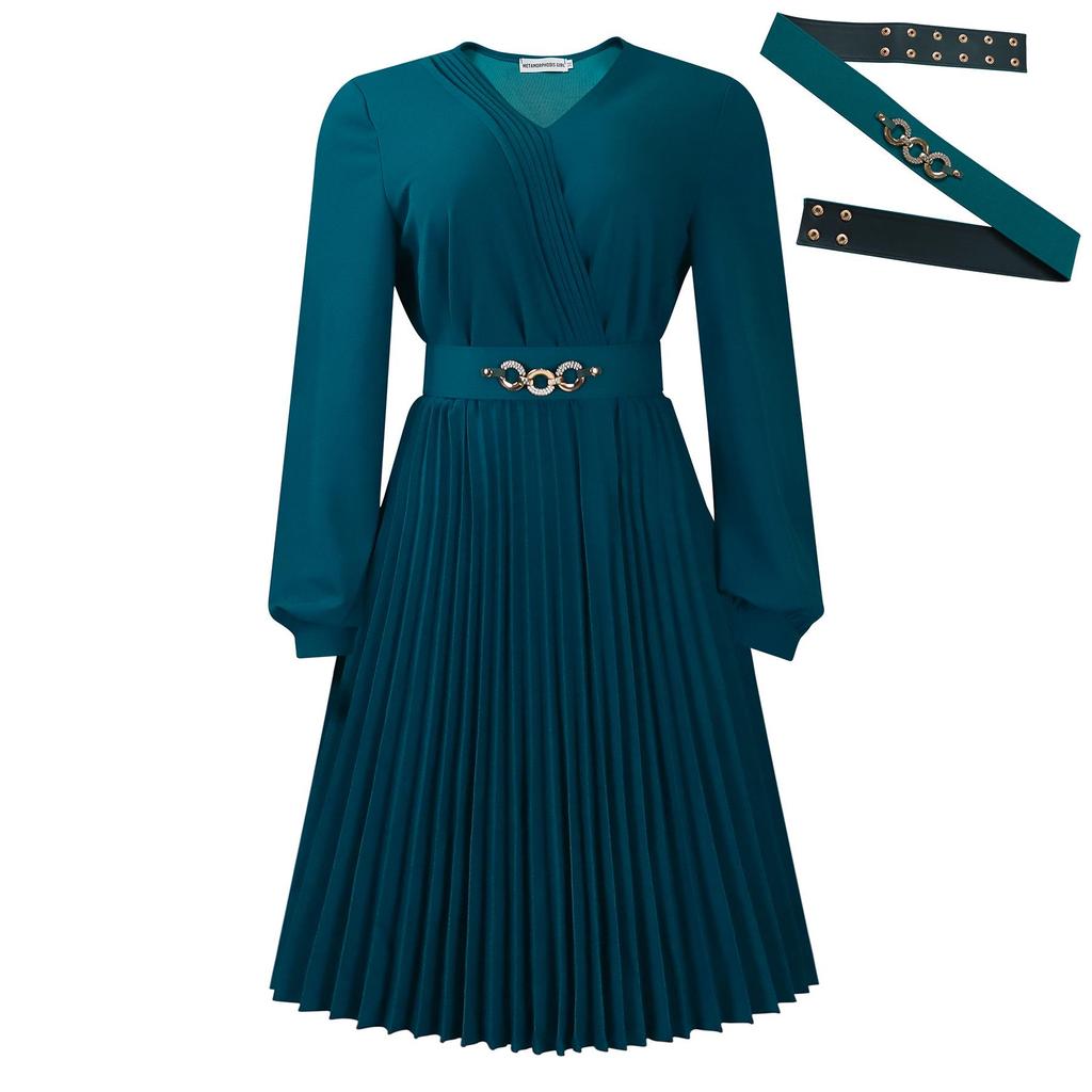 Elegantes V-Ausschnitt Plissee Übergröße Einfarbiges Kleid - Europäischer & Amerikanischer Stil