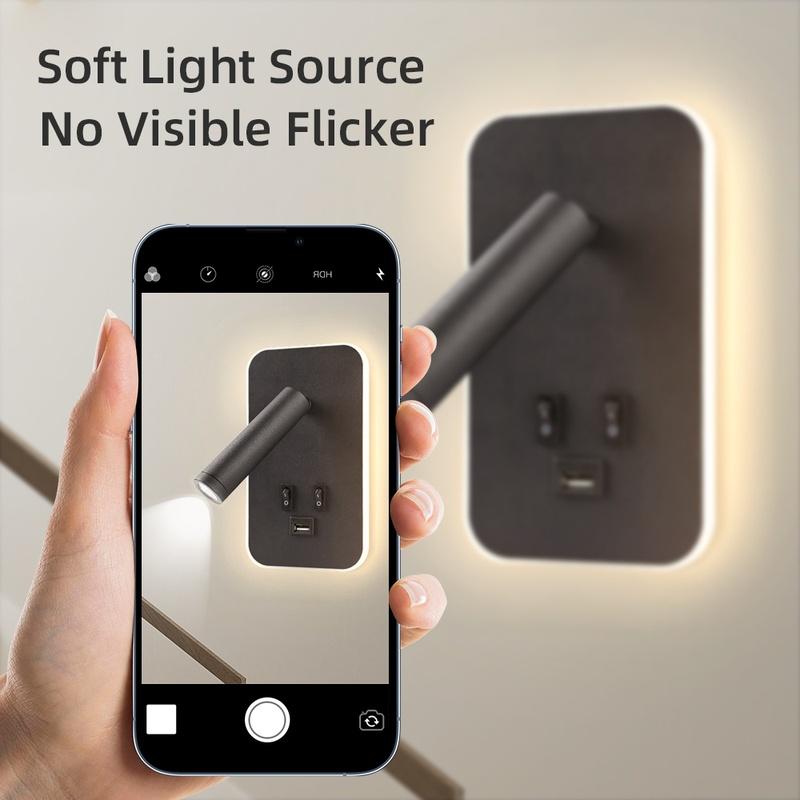 Bedside Wall Lamp with Switch and USB Port Wall Mounted Reading Spot Lights Bedroom Wall Sconce Rotatable Led Wall Light Cabinet
