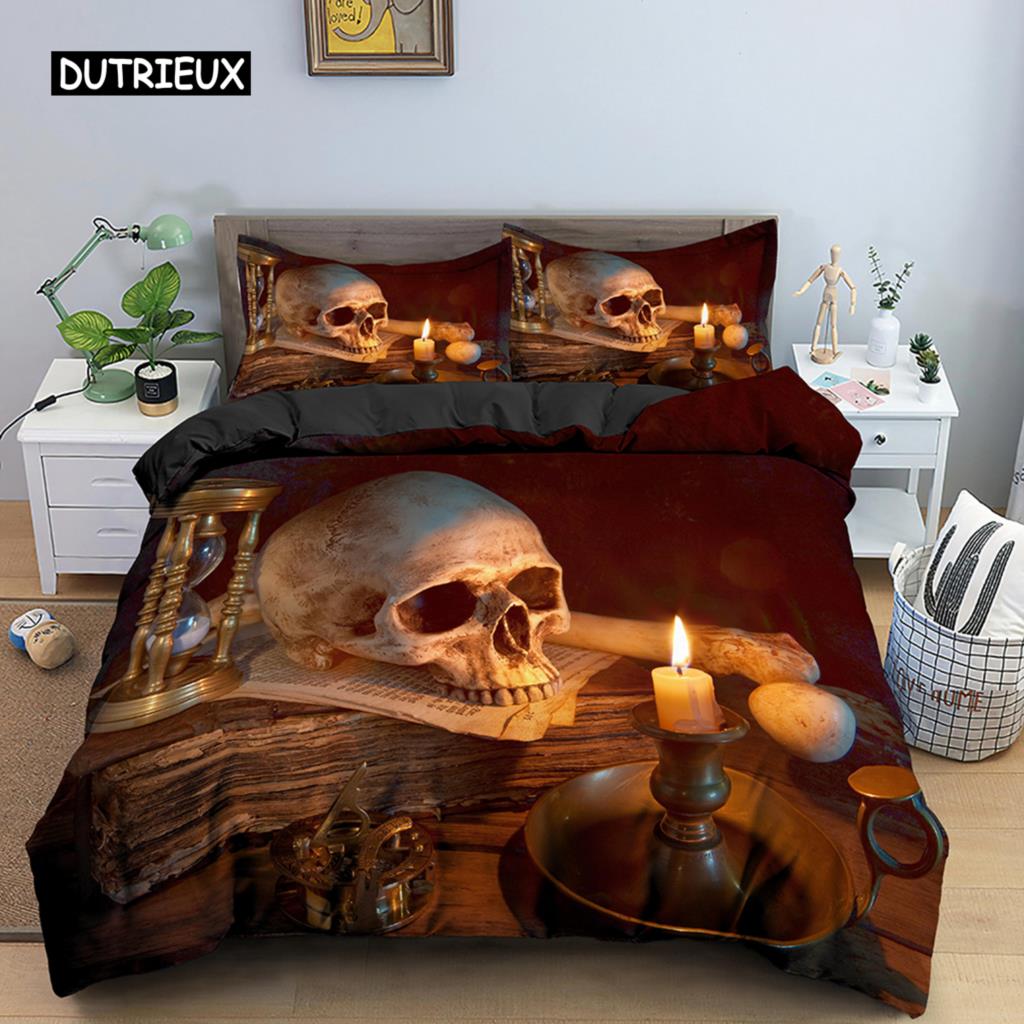 3D-Skelett-Bettwäscheset Totenkopf-Bettbezug 2/3-teilig Bettbezug mit Kissenbezug Queen-King-Size-Bettwäsche aus weichem Mikrofasergewebe