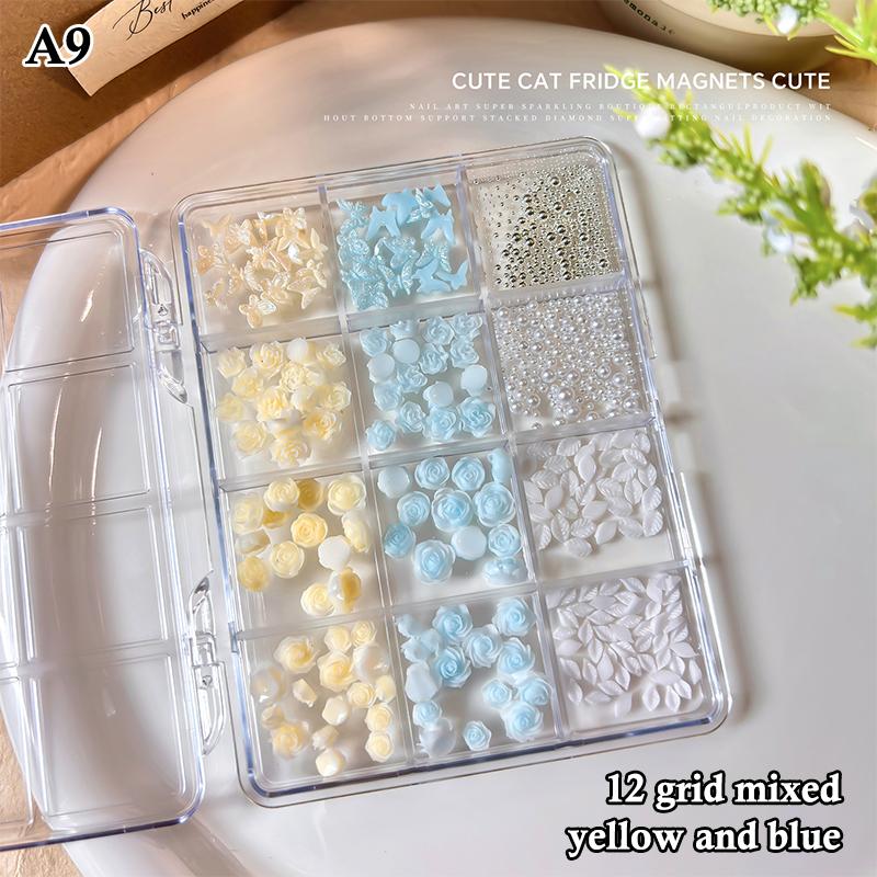 

6/12 Grids 3D Camellia Rose Flower Nail Art Charms Mixed Floral Butterfly Pearl Nails Decor For Diy Crafts Manicure Accessory A9