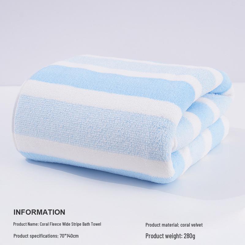 Temu Coral Fleece Quick-Drying Absorbent Bath Towel - Thick, Soft & Comfortable Striped Towel for Men & Women