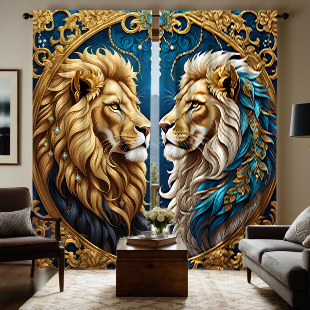 2 Stück HD Europäischer Vintage Löwe Gesicht zu Gesicht dekorativer Vorhang Gelber Bindevorhang digital bedruckt Heimdekorationsstil decora