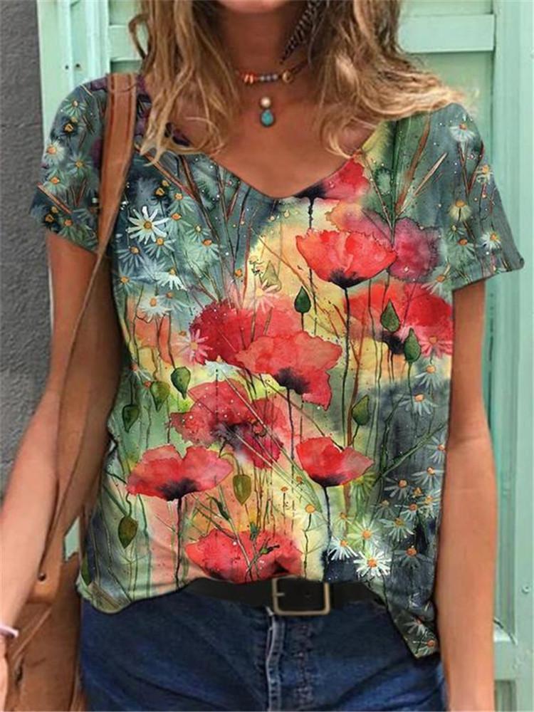 Women's T-Shirts Color Floral Flower 3D Print Summer V-Neck Short Sleeve T Shirt Y2K Tees Oversized Harajuku Top Female Clothing