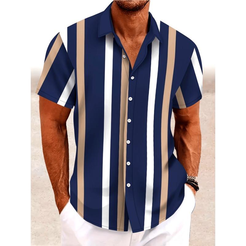 The  men s short-sleeved shirt for summer  features a casual fashionable comfortable and soft 3D vertical pattern print S