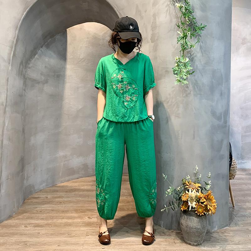 Middle Aged Summer Cotton Linen Casual Suit Mom Loose Cropped Pants Short Sleeved Shirt Slimming Pants Two-piece Set
