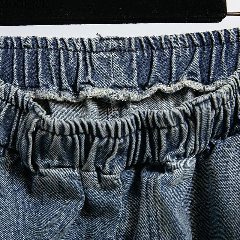 MODIQUE 2025 New Plus Size Summer Women's Loose Casual Straight Sickle Denim Long Pant Ladies Classic Elastic Solid Color Blue Jeans
