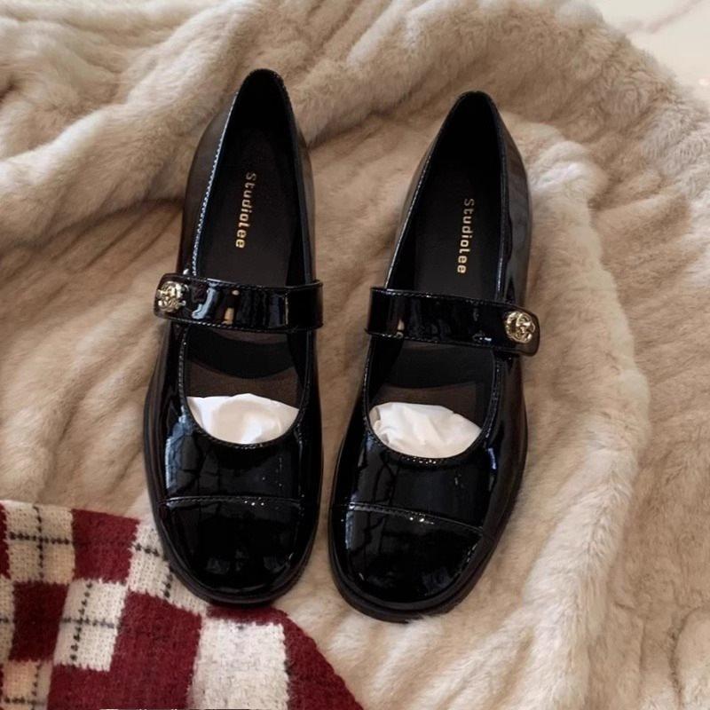 Flat Single-soled Leather Shoes with Thick Heels, Single-line Shallow-toe Shoes for Women
