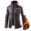 Mens PU Leather Biker Jacket With Stand Collar Retro Patchwork Design Warm Casual Outerwear Winter
