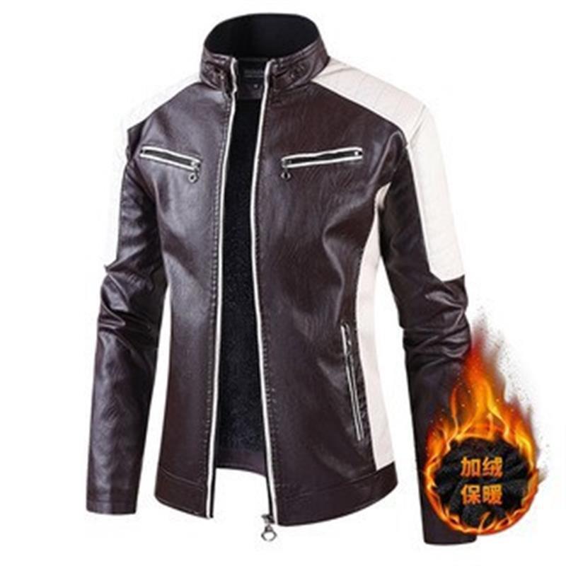 Mens PU Leather Biker Jacket With Stand Collar Retro Patchwork Design Warm Casual Outerwear Winter