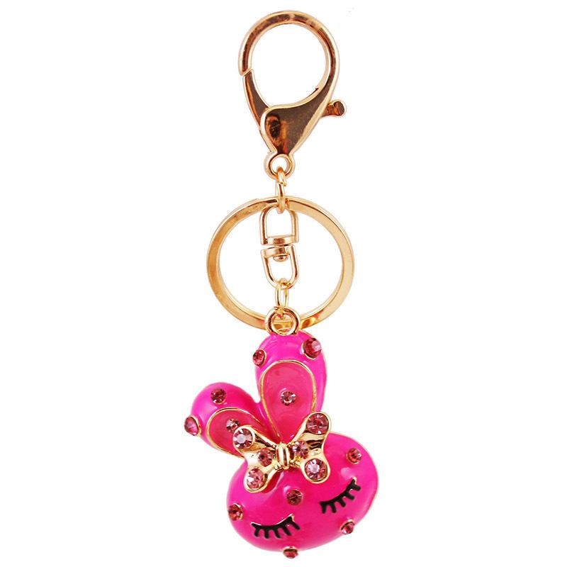 Cute Rhinestone Rabbit Head Metal Keychain Cartoon Car Key Ring Bag Charm Accessory for Women