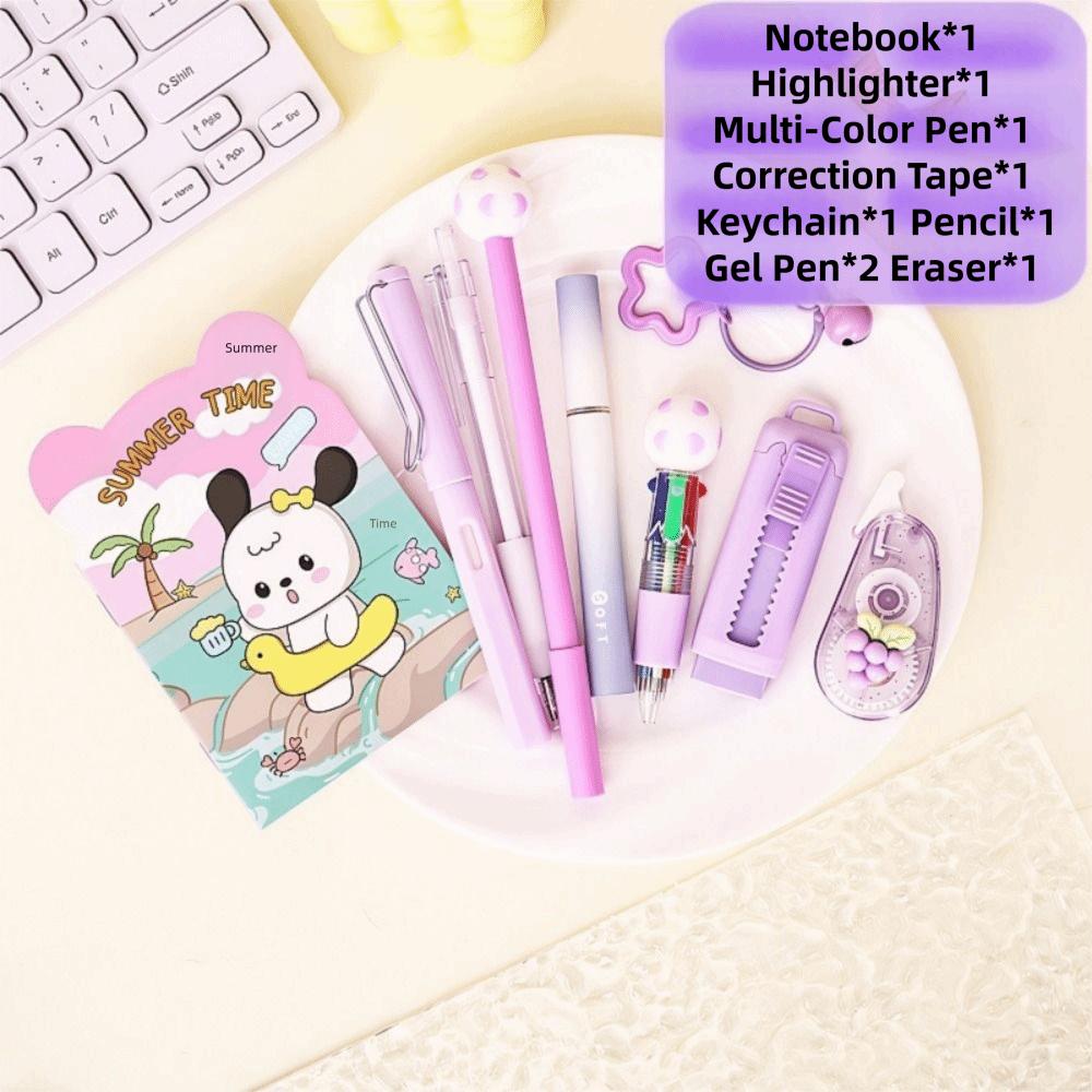 Cartoon School Stationery Set 6 Color Pens Stick Note Cartoon Stationery Set Book Ballpoint Pen Student Tools Gift Kit