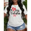 European Size Women's Valentine's Day"Be My Valentine" Heart Bow Print Short Sleeve Blouse - Soft Breathable Casual Round Neck Top, Spring Summer Fall