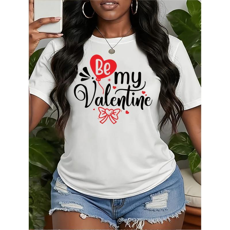 

Европейский размер Женская блузка ко Дню святого Валентина с принтом Будь моим Валентином в форме сердца с бантом, с коротким рукавом - Мягкий дышащий повседневный топ с круглым вырезом, Весна Лето Осень S белый