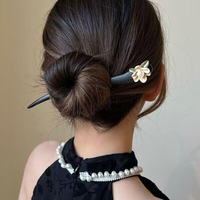 Antique Wood Hairpins Female New Chinese Simple Geometric Black Hair Sticks Hair Clips For Women Hair Accessories Pearl Headwear
