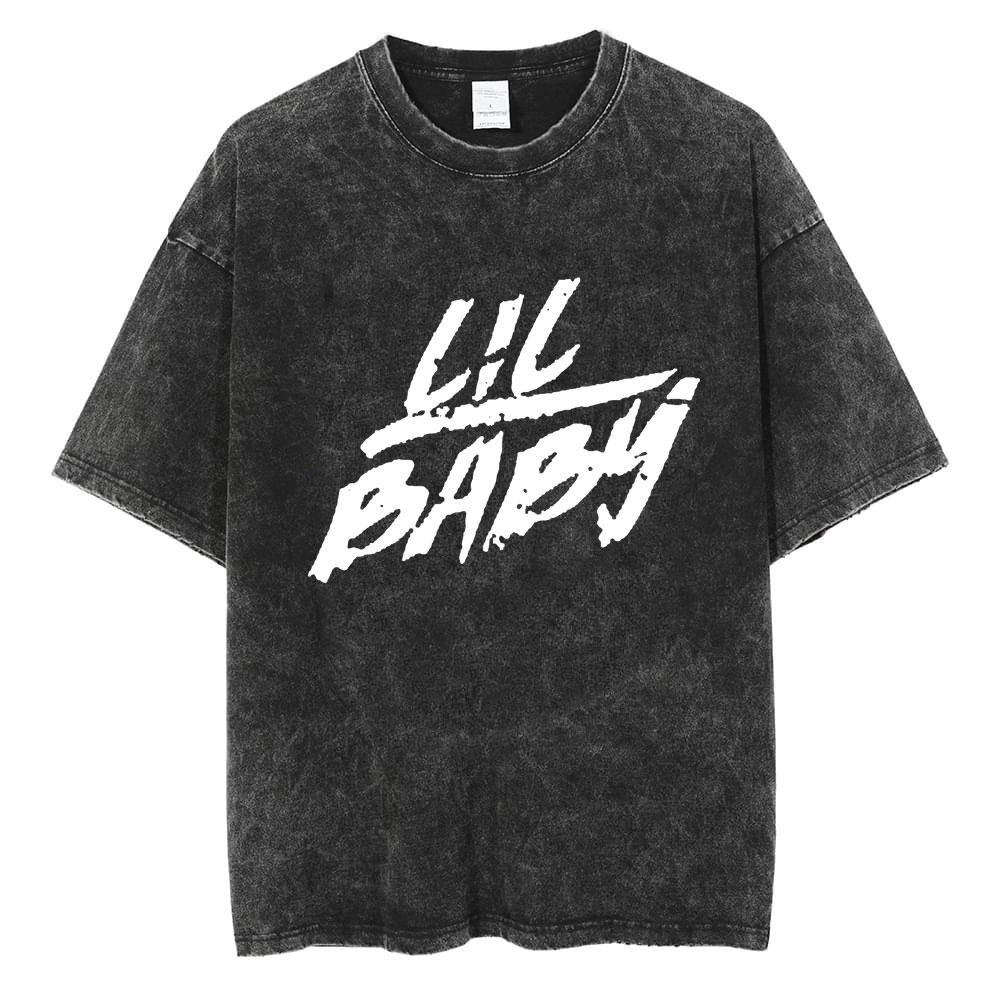Hip Hop Rapper Wash Vintage Black Lil Baby T Shirt Unisexs Fashion Oversized Tee Short Sleeve Regular Male Tshirt Unisex Streetwear