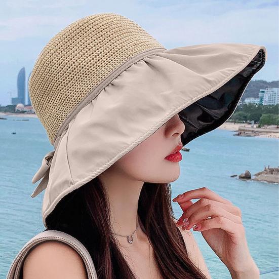 Sun Hat Large Brim Foldable Hollow Breathable Floppy UV Protection Bow Tie Decor Women Sunscreen Summer Hat Beach Cap for Outdoor