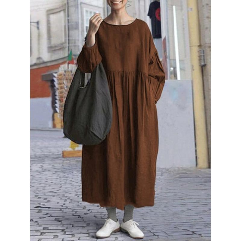 YYFS Women's Fashion Spring Fall Solid Color Print Long Sleeve O-Neck Loose Waistline Casual Dresses