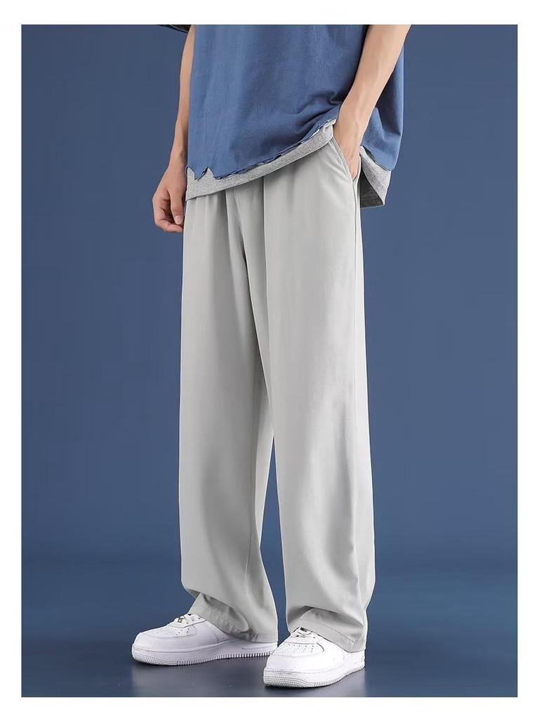 Men's Summer Ice Silk Wide-Leg Pants – Solid Color, Loose Fit, Plus Size, Straight Leg, Hong Kong Style