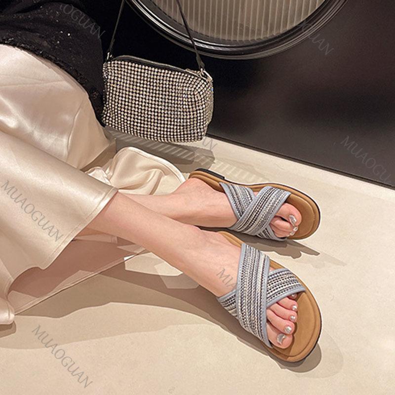 Fashion Bohemian Flat Bottom Woven Cross Strap Slippers Color Blocking Sandals Slipper for Outside Wear Soft Sole Versatile Beach Shoes