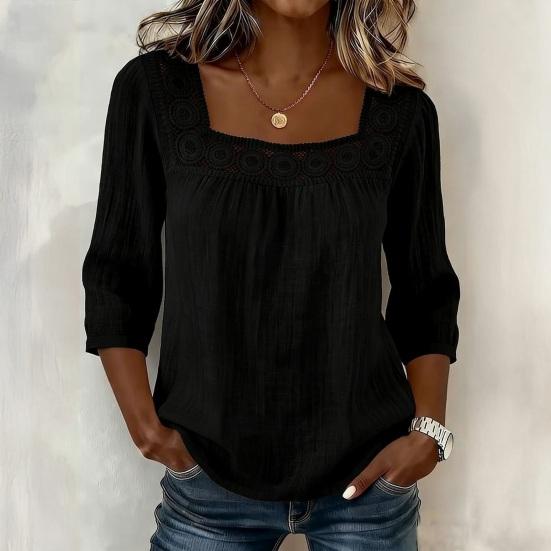 Camicetta da Donna Scollo Quadrato Manica 3/4 Colore Unico Casual Vestibilità Larga Pizzo Intrecciato Estiva Traspirante Top