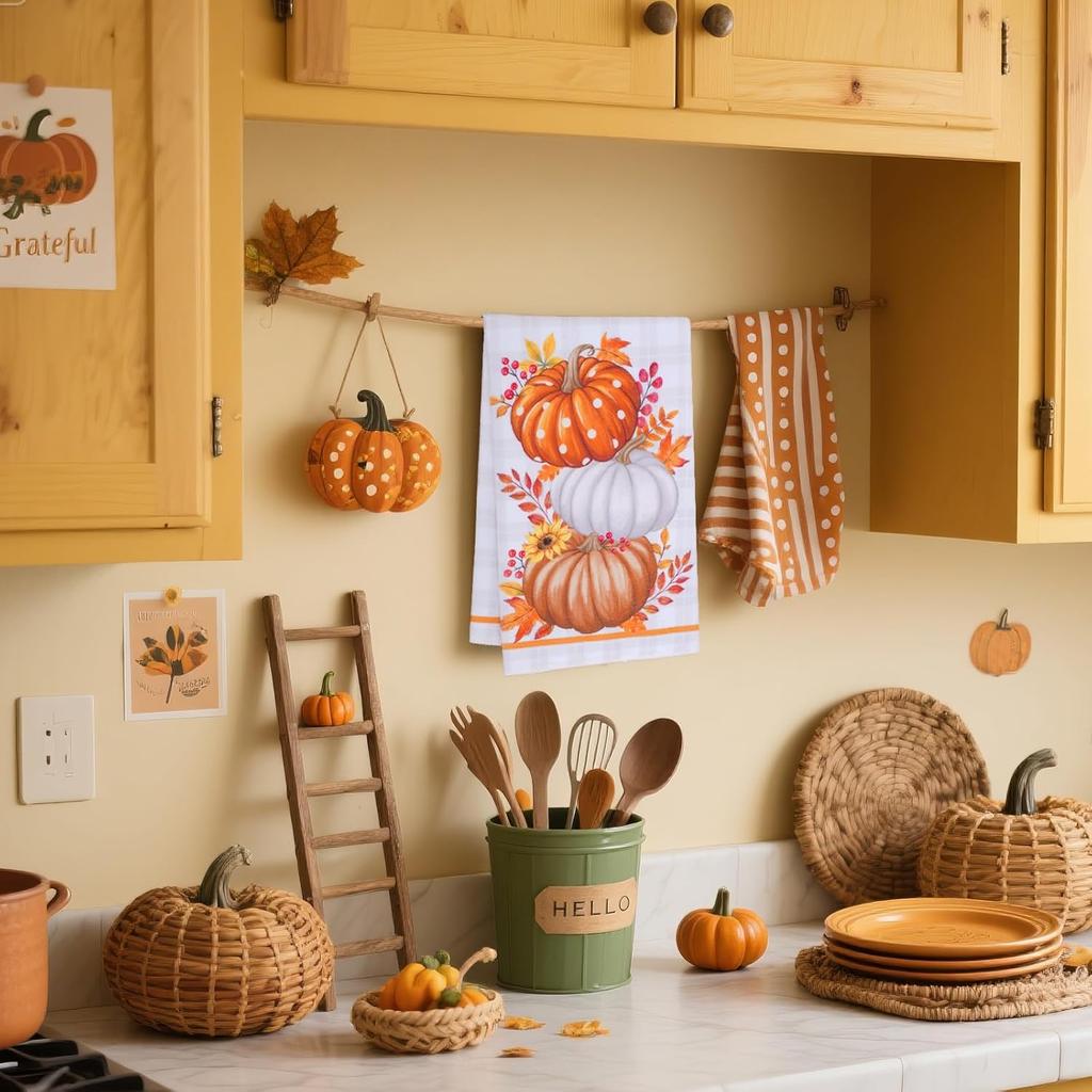 Fall Kitchen Towels for Fall Decor Orange Pumpkin Truck Maple Leaves Autumn Dish Towels Thanksgiving Farmhouse Rustic Home Kitchen Decor 16 x 24 Inch