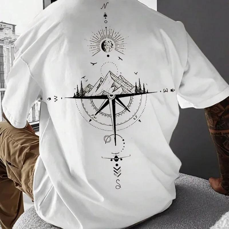 2024 yeni yaz erkek tişört 3d pusula baskılı kısa kollu Tees basit moda erkek giyim gevşek büyük boy tişört erkekler için