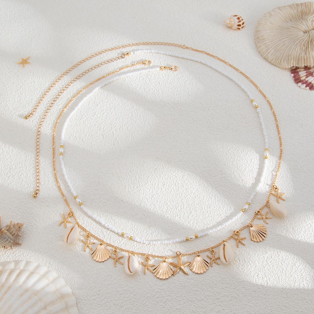 

New Bohemia Style Starfish Scallop Shell Double Layer Waist Chain Fashion Imitation Pearl Conch Body Chain Summer Beach Jewelry