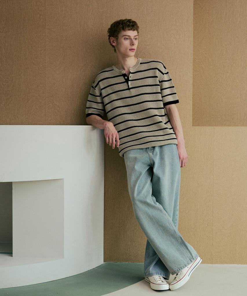 NODU Henley Neck Striped Short Sleeve Knit [3 Colors]